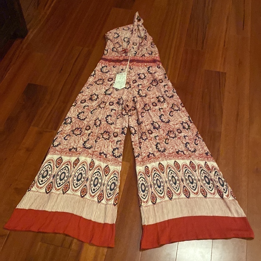 FREE PEOPLE burgundy, cream, and navy Boho one-shoulder jumpsuit - Picture 7 of 9